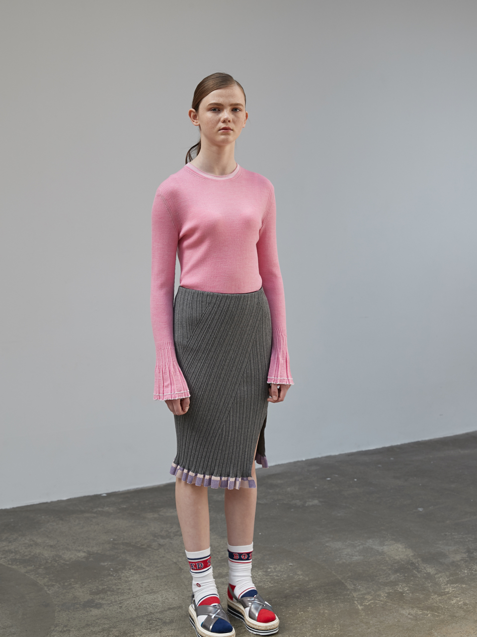 Sleeve Wide Cuffs Rib Top [PINK]