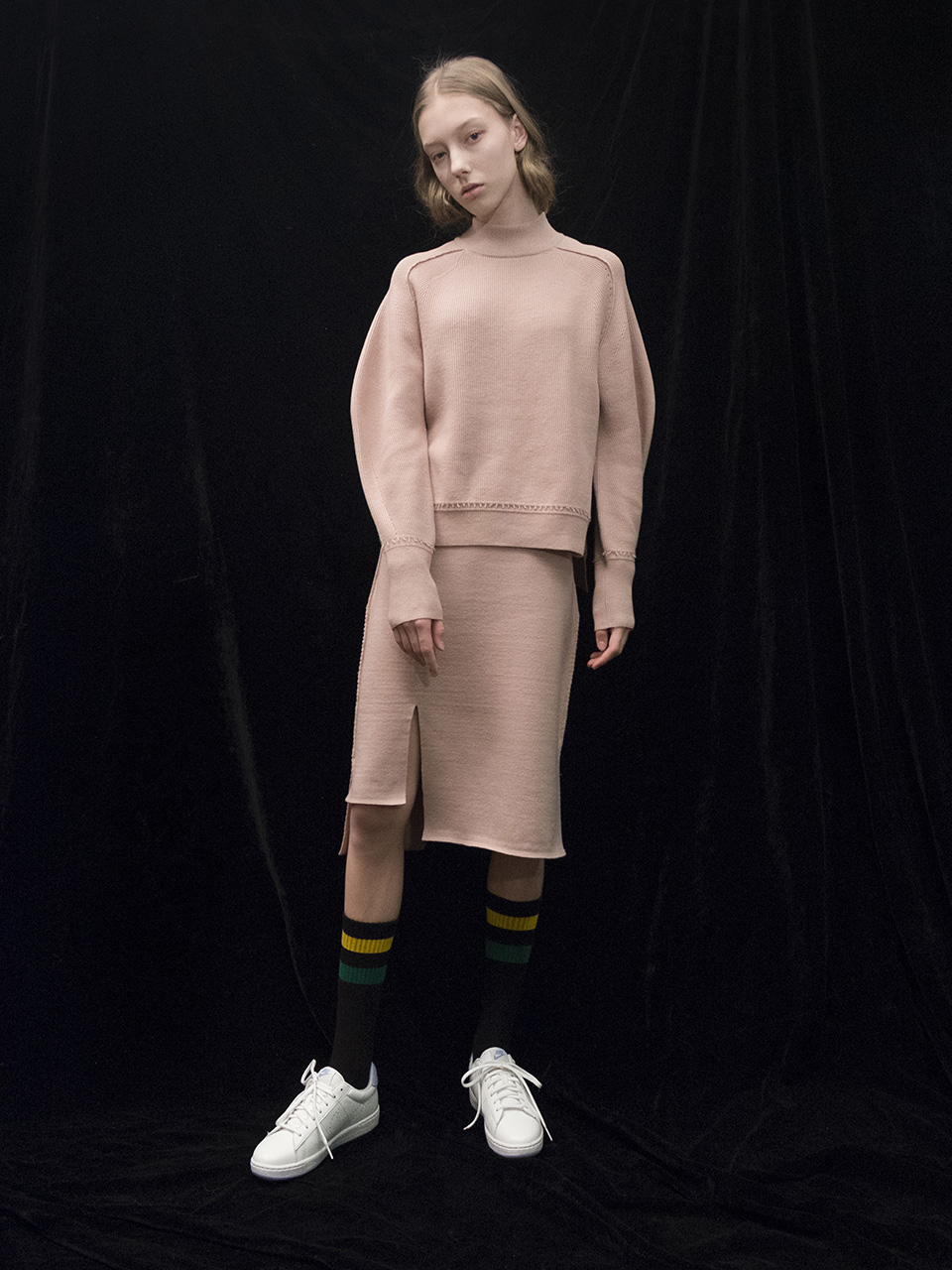 M7WS01A [Slit-Intarsia Knit Skirt] BEIGE