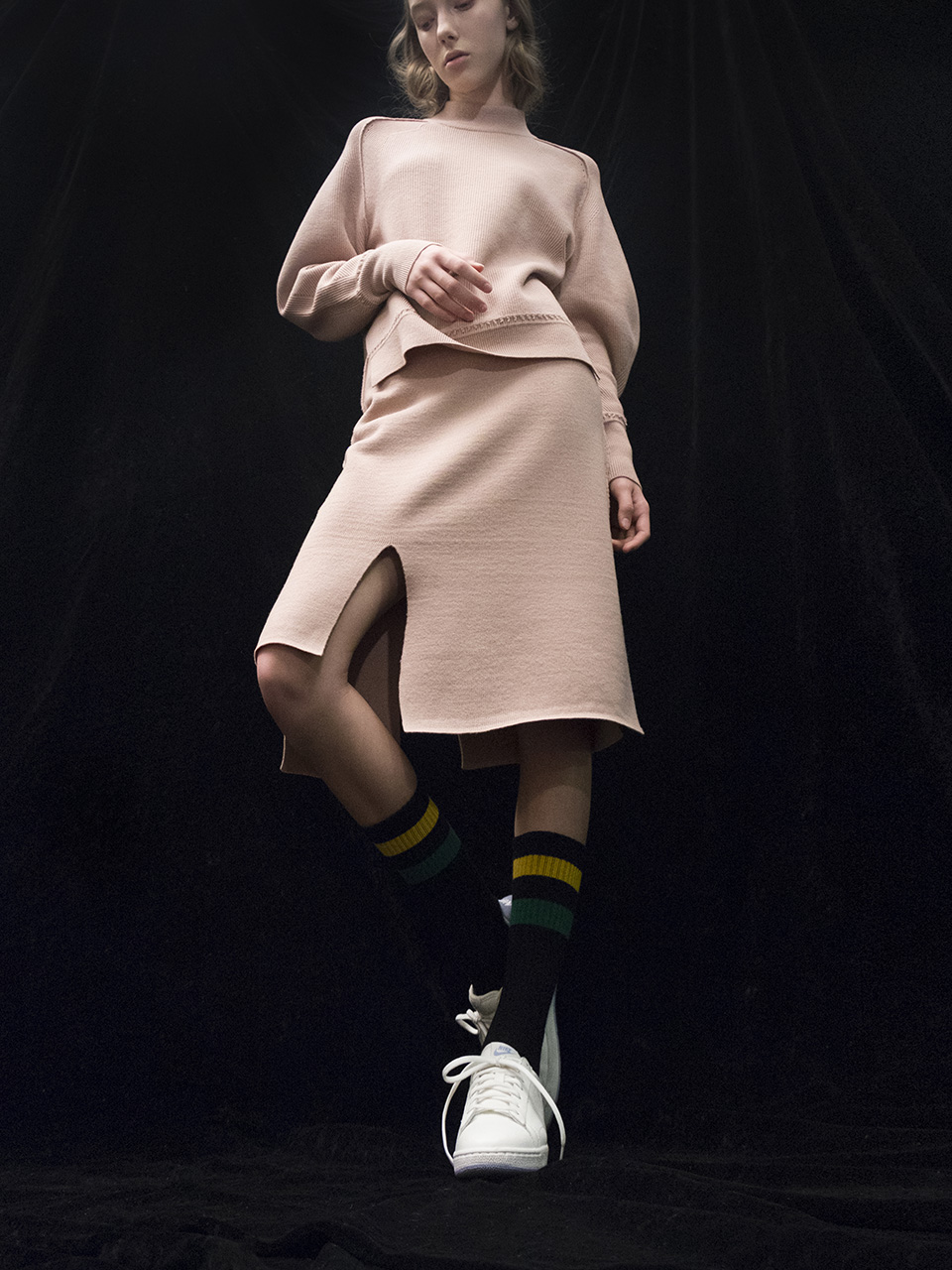 M7WS01A [Slit-Intarsia Knit Skirt] BEIGE