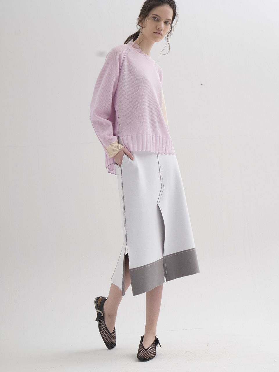Contrast Stitch Knit Slit Skirt