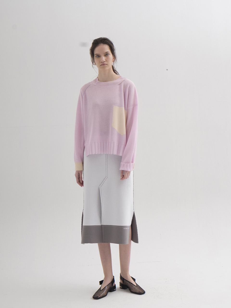 Contrast Stitch Knit Slit Skirt