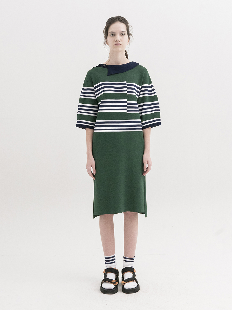 [Stripe Dress with Asymmetric Collar