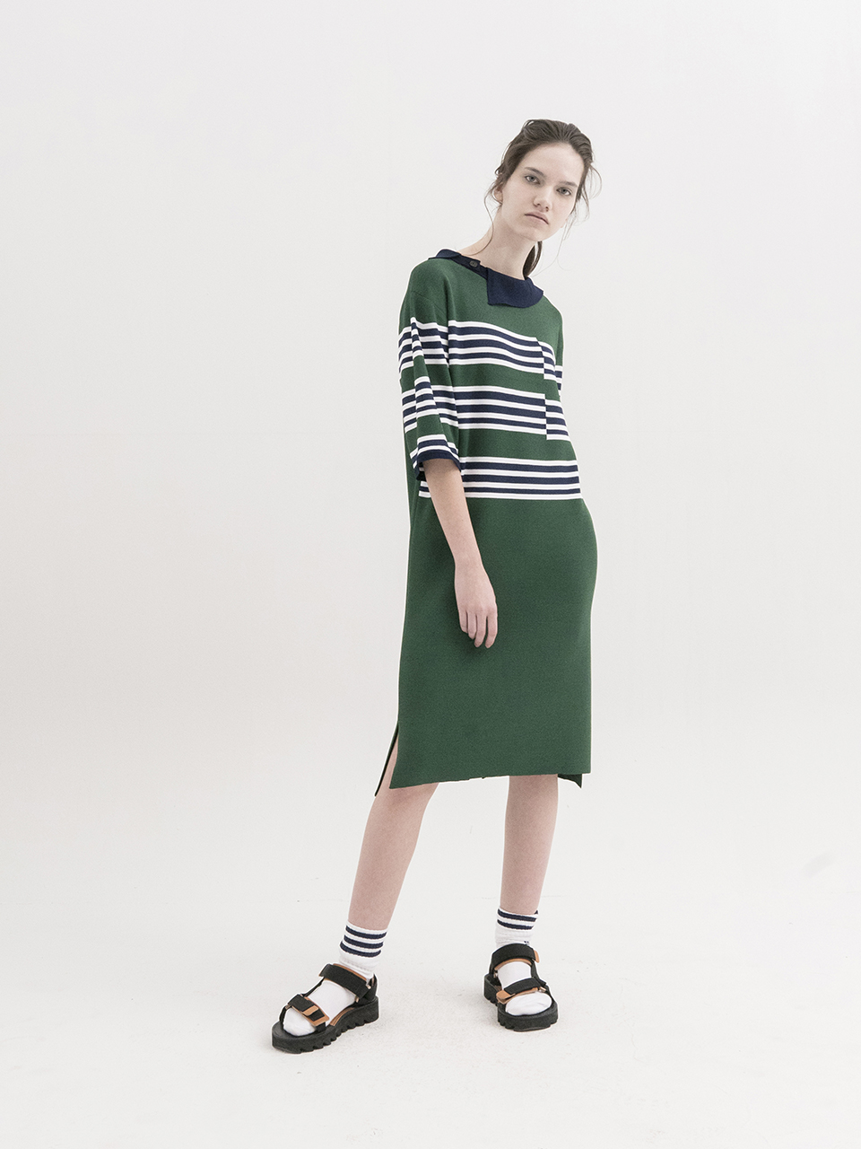 [Stripe Dress with Asymmetric Collar