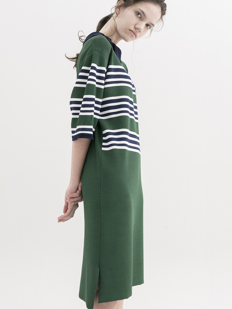 [Stripe Dress with Asymmetric Collar