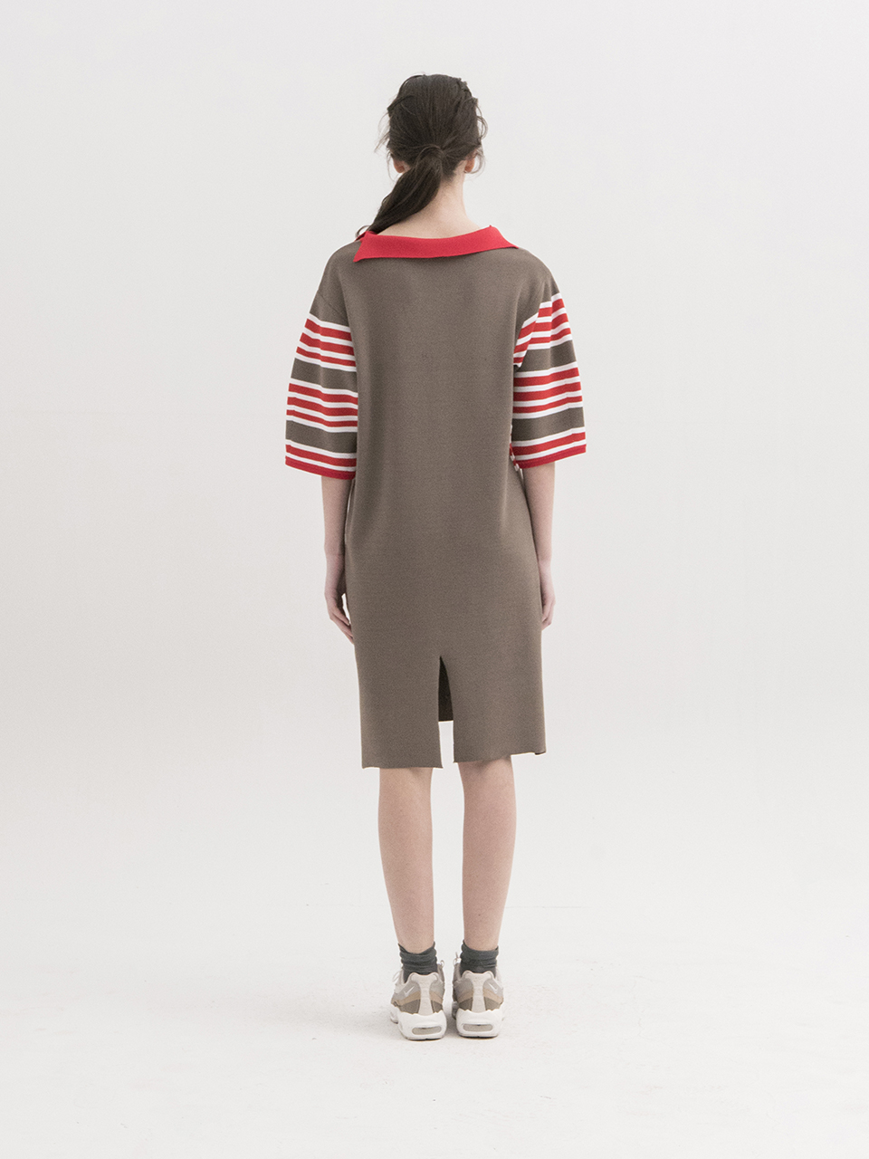 [Stripe Dress with Asymmetric Collar