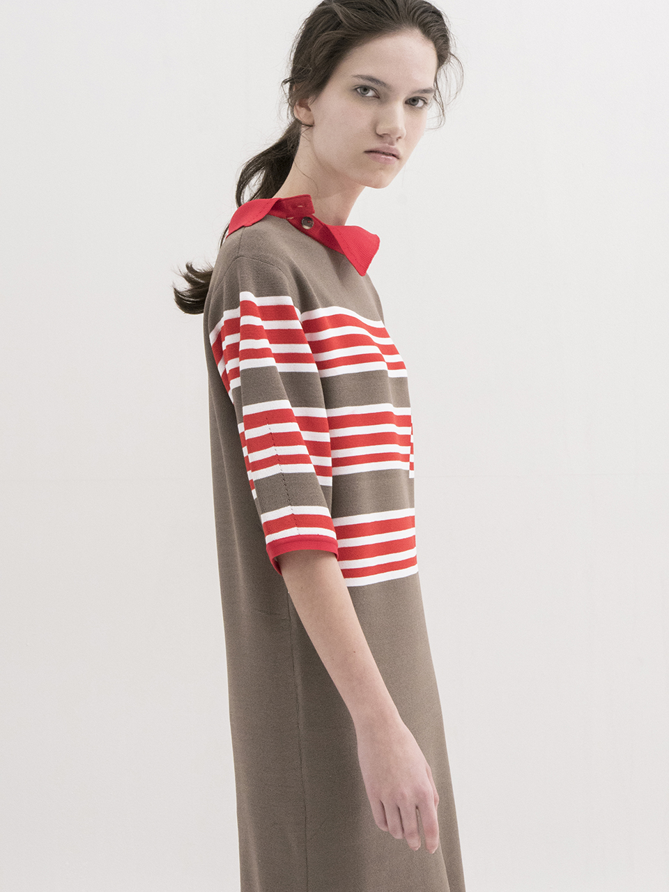 [Stripe Dress with Asymmetric Collar