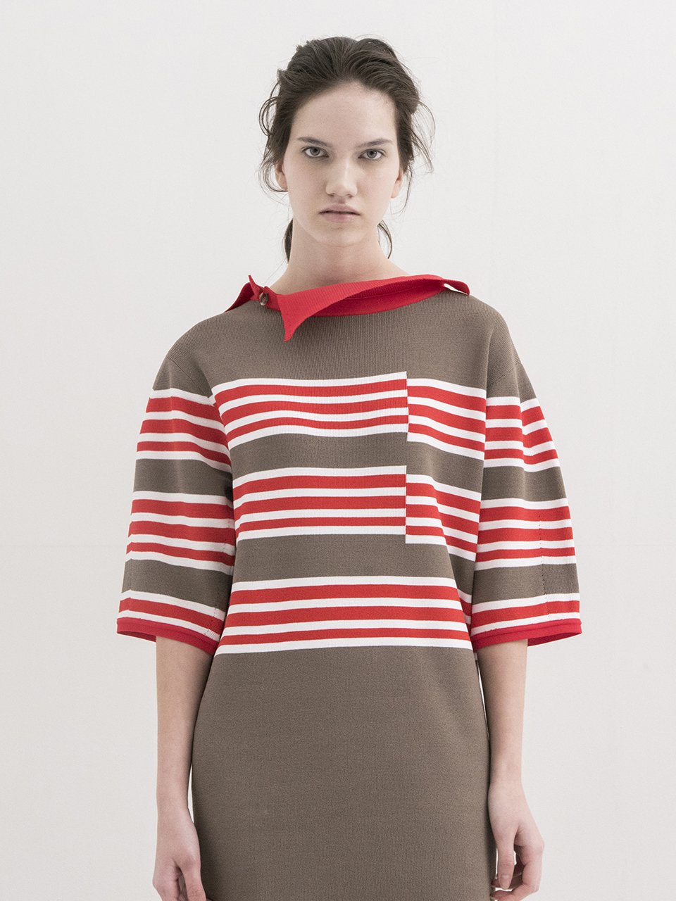 [Stripe Dress with Asymmetric Collar