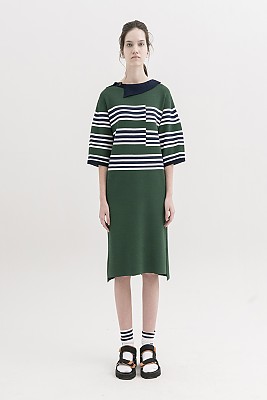[Stripe Dress with Asymmetric Collar