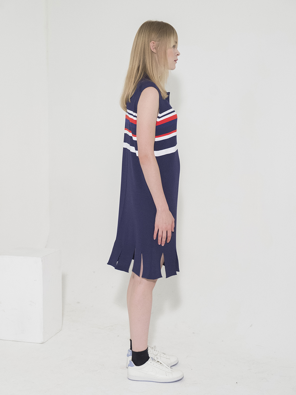 Open Collar Stripe Knit Dress