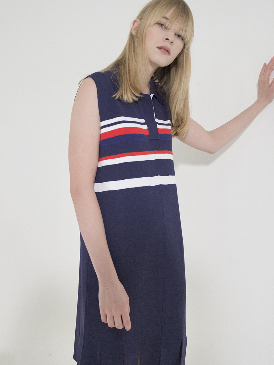 Open Collar Stripe Knit Dress