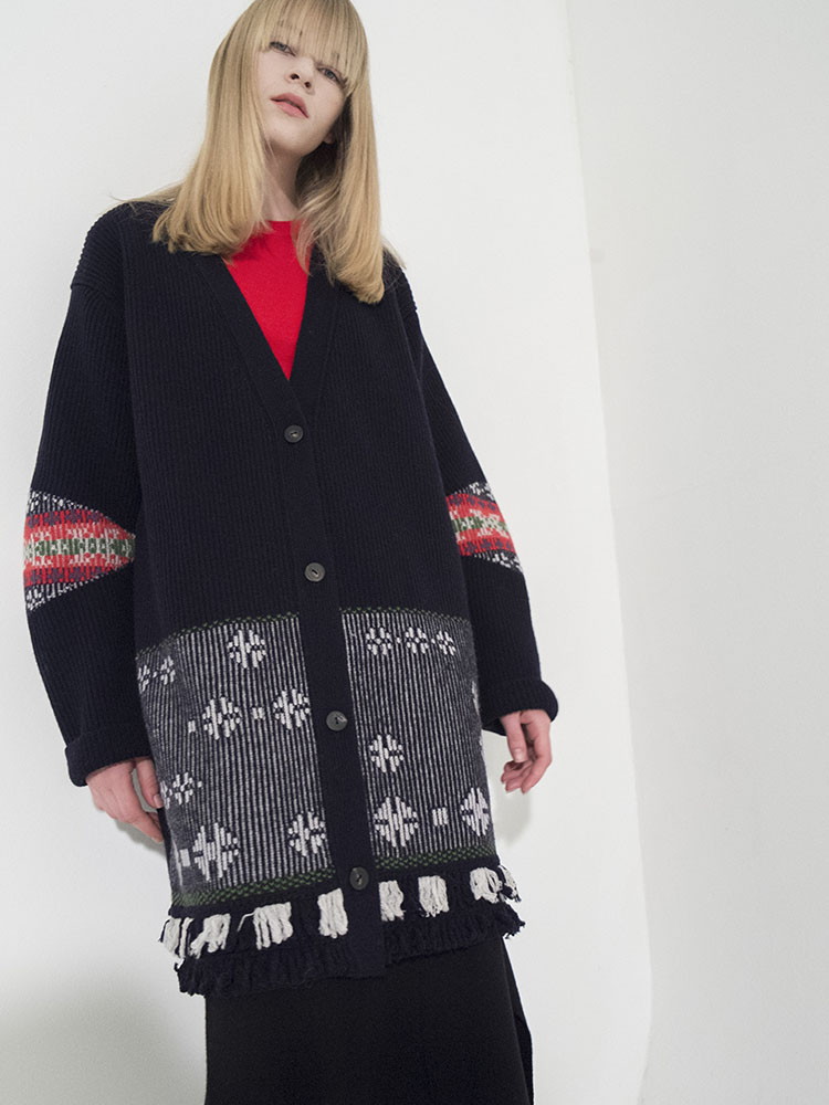 Flower Motif Jacquard Ribbed Cardigan - D/NAVY