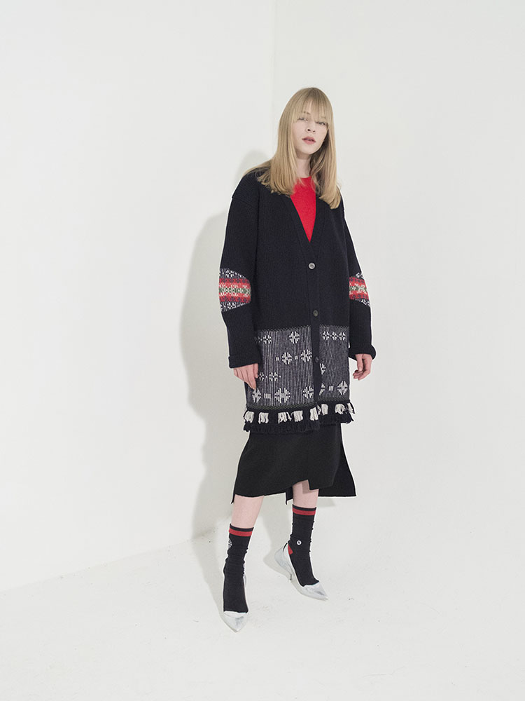 Flower Motif Jacquard Ribbed Cardigan - D/NAVY