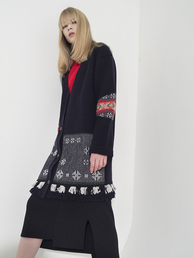 Flower Motif Jacquard Ribbed Cardigan - D/NAVY