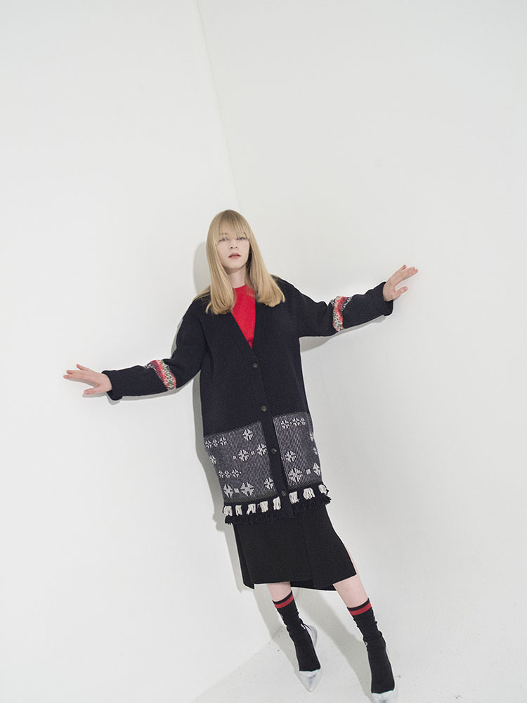 Flower Motif Jacquard Ribbed Cardigan - D/NAVY