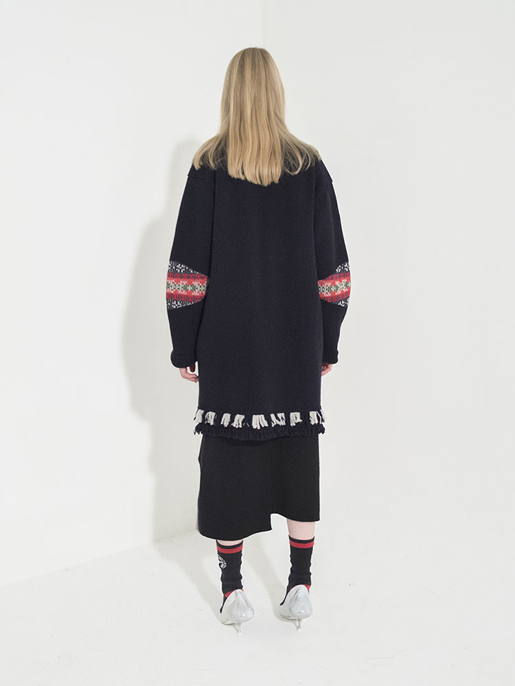 Flower Motif Jacquard Ribbed Cardigan - D/NAVY