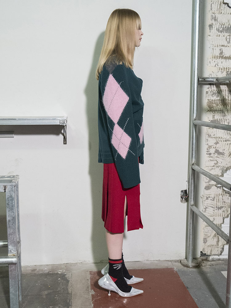 Argyle Angora Point Cardigan - D/GREEN
