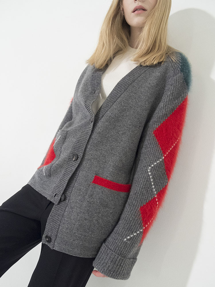 Argyle Angora Point Cardigan - GRAY