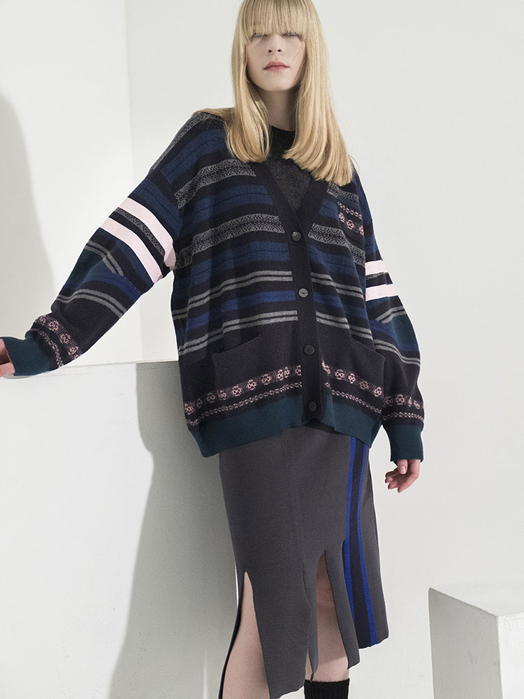 Multi-Colored Stripe Jacquard Cardigan - D/NAVY