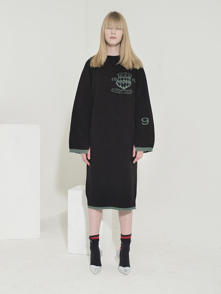 Jacquard-Point Oversized Long Dress -BLACK