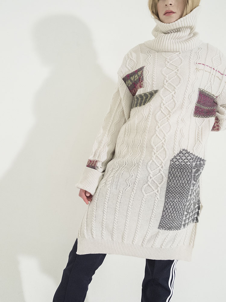 Cable Multi-Jacquard Long Turtleneck Dress -IVORY