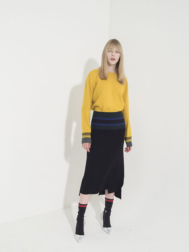 Unbalance Ribbed-Waist Knit Skirt -BLACK