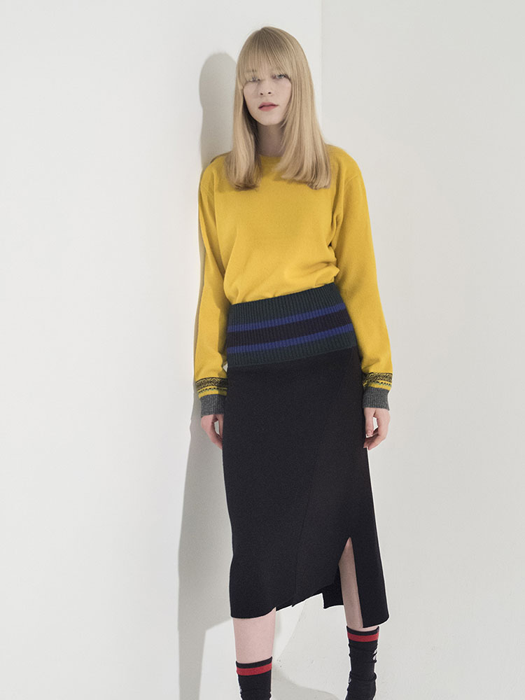 Unbalance Ribbed-Waist Knit Skirt -BLACK