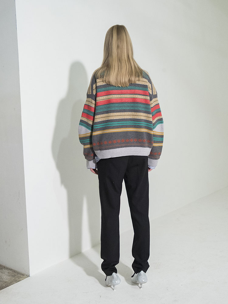 Multi-Colored Stripe Jacquard Pullover - D/GRAY