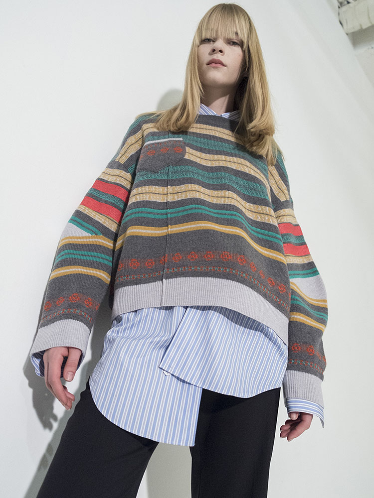 Multi-Colored Stripe Jacquard Pullover - D/GRAY