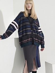 Multi-Colored Stripe Jacquard Cardigan - D/NAVY