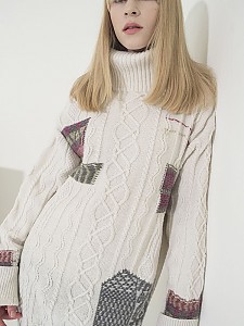 Cable Multi-Jacquard Long Turtleneck Dress -IVORY