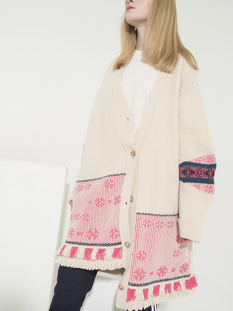 Flower Motif Jacquard Ribbed Cardigan - IVORY