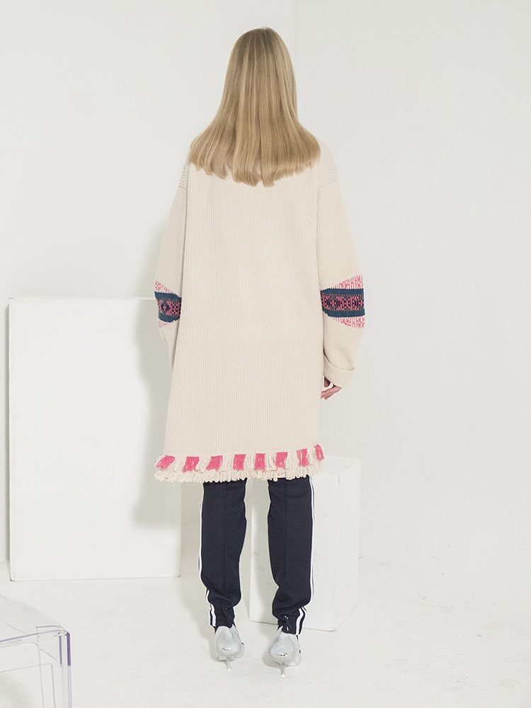 Flower Motif Jacquard Ribbed Cardigan - IVORY