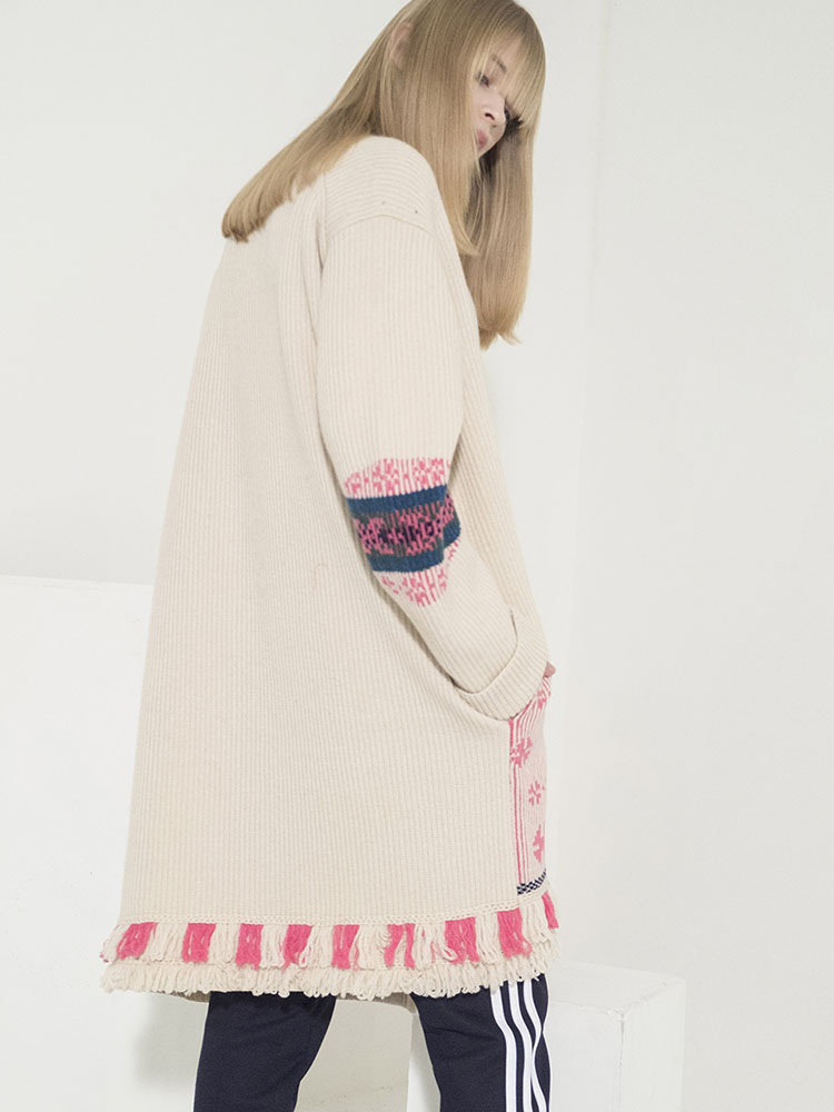 Flower Motif Jacquard Ribbed Cardigan - IVORY