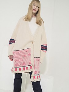 Flower Motif Jacquard Ribbed Cardigan - IVORY