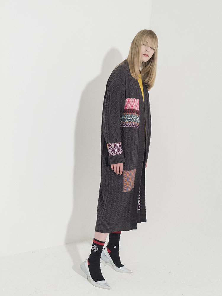 Cable Multi-Jacquard Long Cardigan - D/GRAY