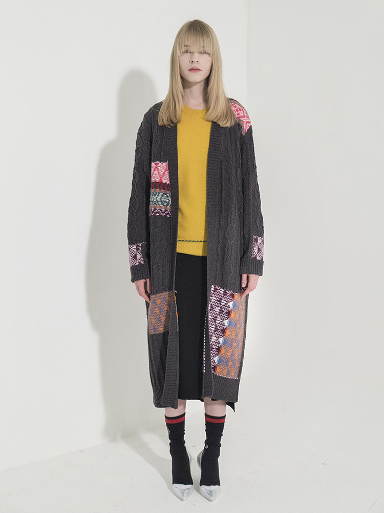 Cable Multi-Jacquard Long Cardigan - D/GRAY