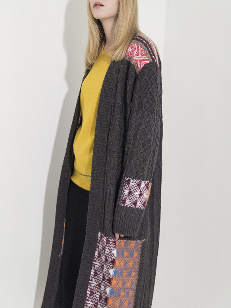 Cable Multi-Jacquard Long Cardigan - D/GRAY