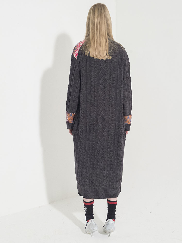 Cable Multi-Jacquard Long Cardigan - D/GRAY