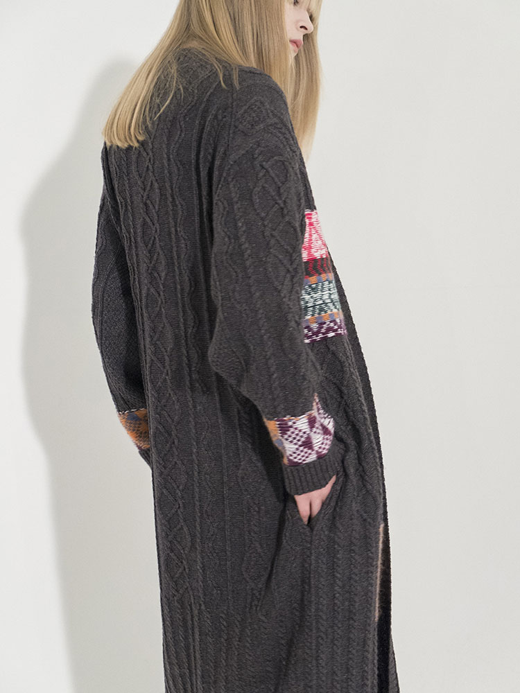 Cable Multi-Jacquard Long Cardigan - D/GRAY