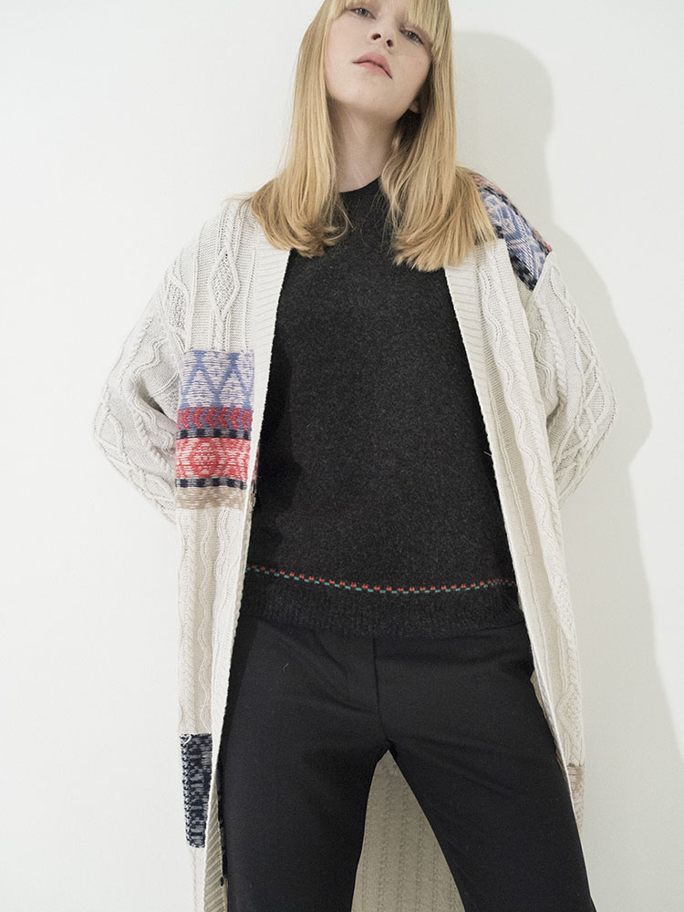 Cable Multi-Jacquard Long Cardigan - IVORY