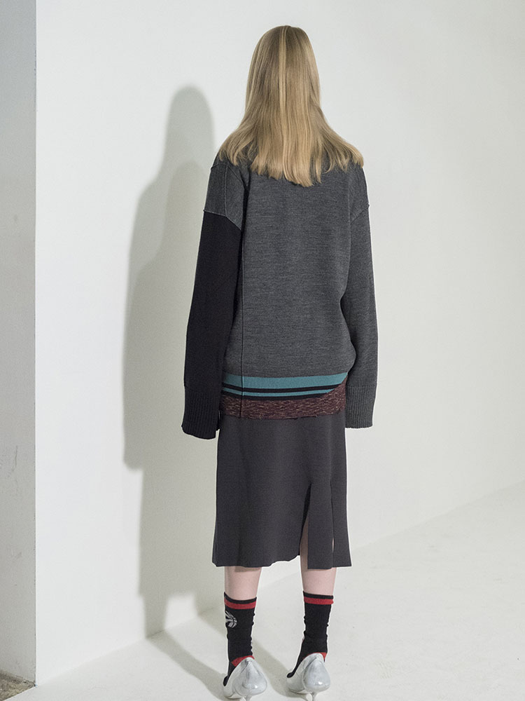 Flared Sleeve Color-Block Cardigan - GRAY