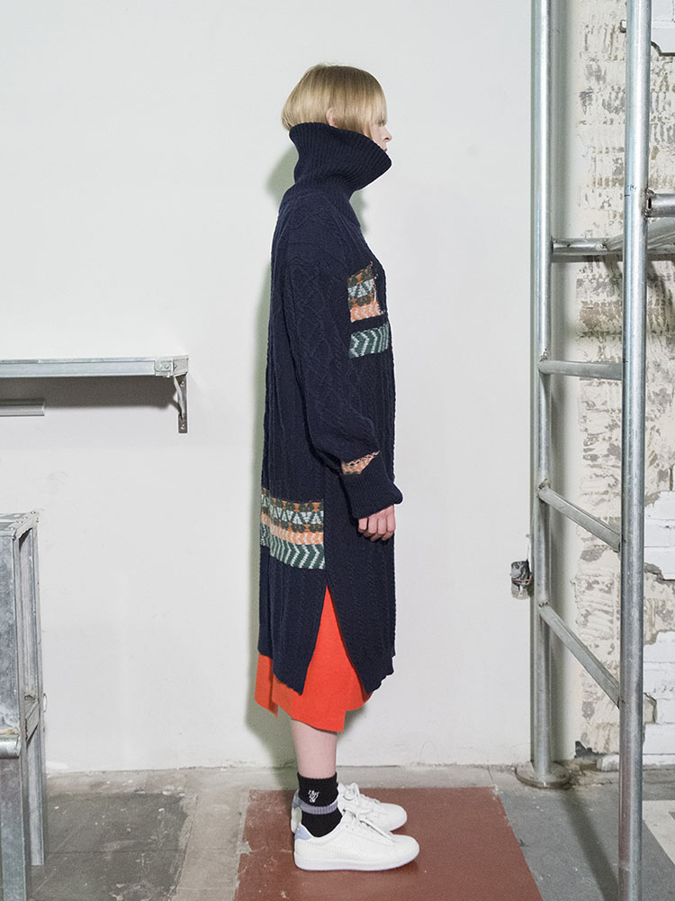 Cable Multi-Jacquard Long Turtleneck Dress - NAVY