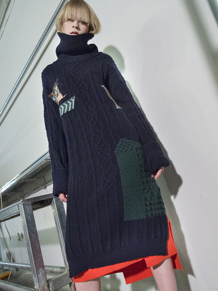 Cable Multi-Jacquard Long Turtleneck Dress - NAVY