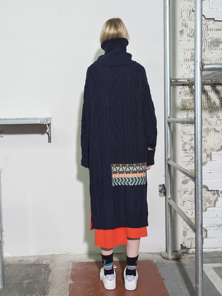 Cable Multi-Jacquard Long Turtleneck Dress - NAVY