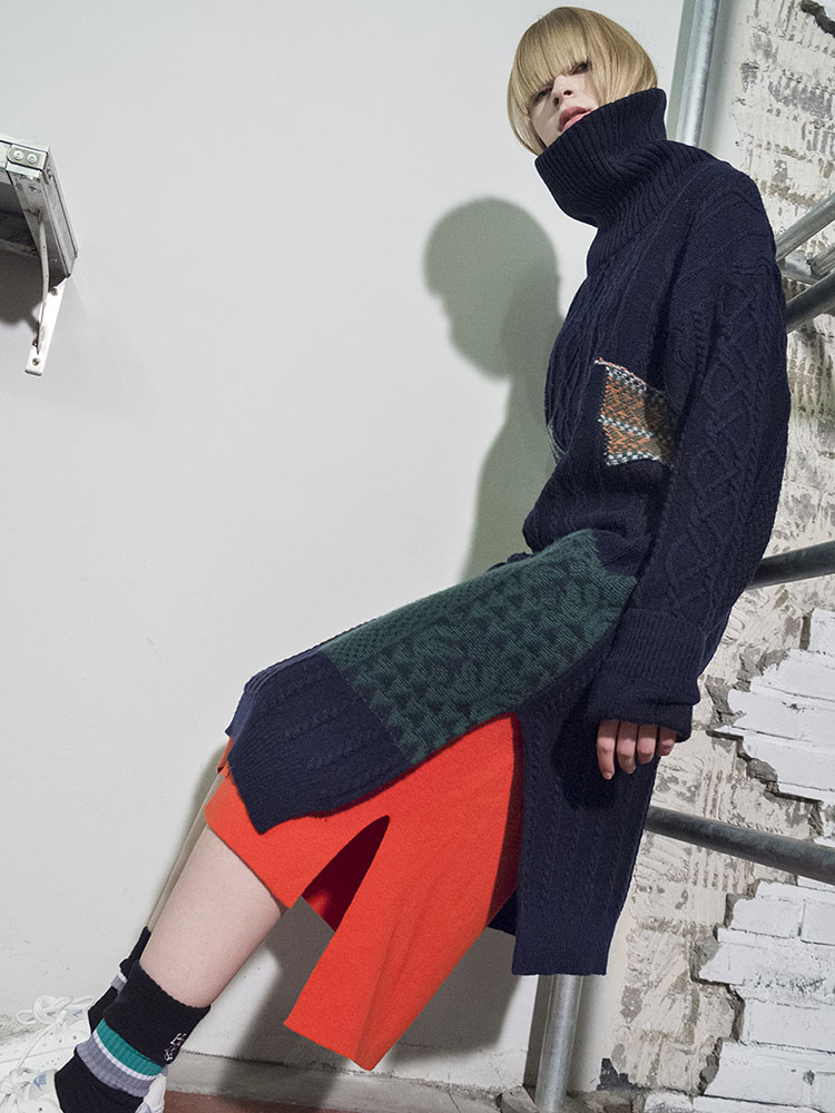 Cable Multi-Jacquard Long Turtleneck Dress - NAVY