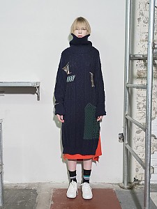 Cable Multi-Jacquard Long Turtleneck Dress - NAVY