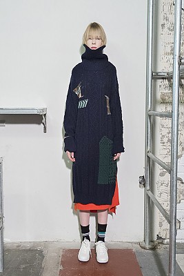 Cable Multi-Jacquard Long Turtleneck Dress - NAVY