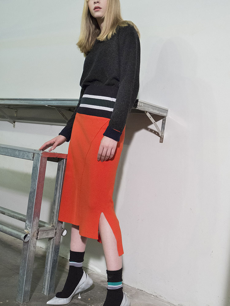Unbalance Ribbed-Waist Knit Skirt - ORANGE