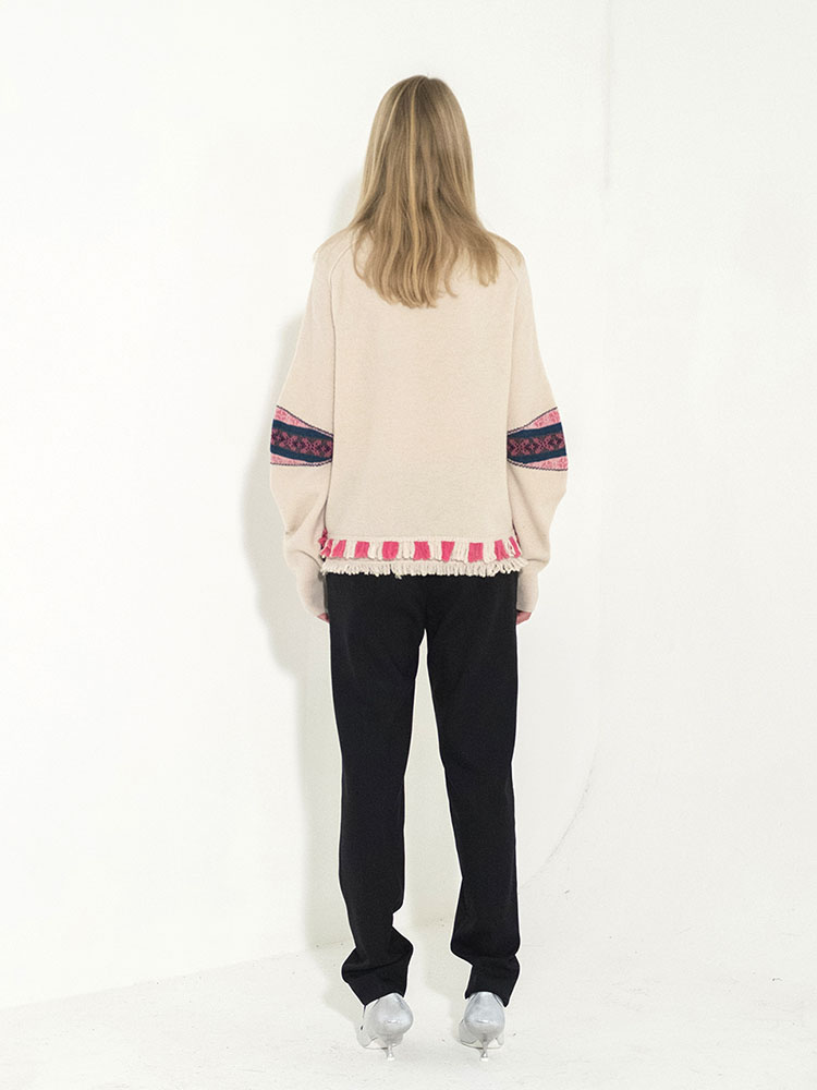 Flower Motif Jacquard Ribbed Pullover - IVORY