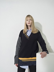 Flared Sleeve Color-Block V-neck Pullover - NAVY